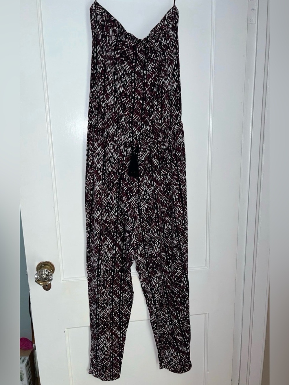 Strapless Printed Jumpsuit in Black, Purple, and White